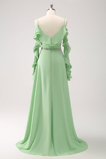 Light Green Cold Shoulder A-Line Chiffon Long Bridesmaid Dress with Ruffles